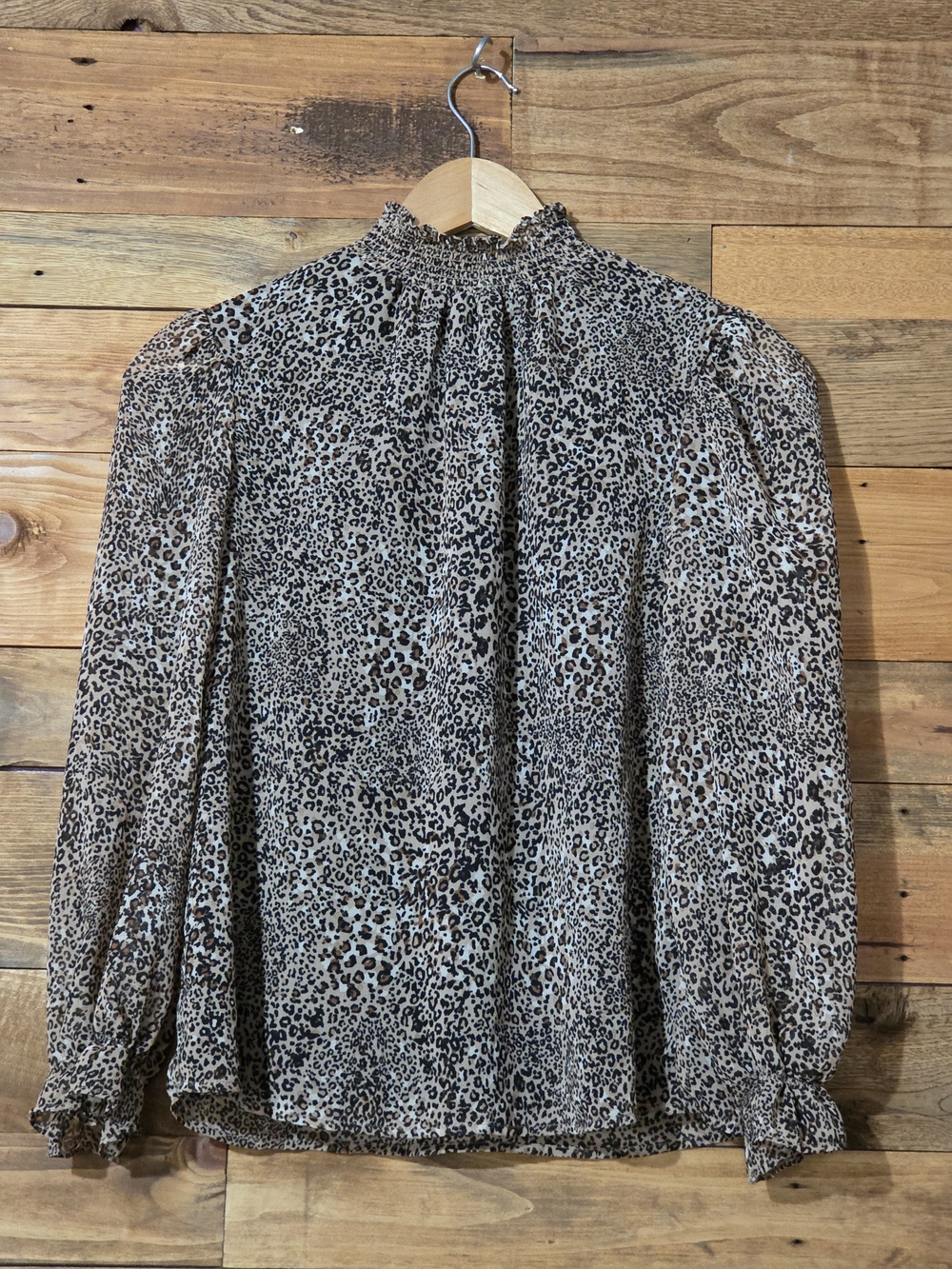 1.STATE Leopard Print Smocked High Neck Puff Sleeve Blouse XS Career Lined
